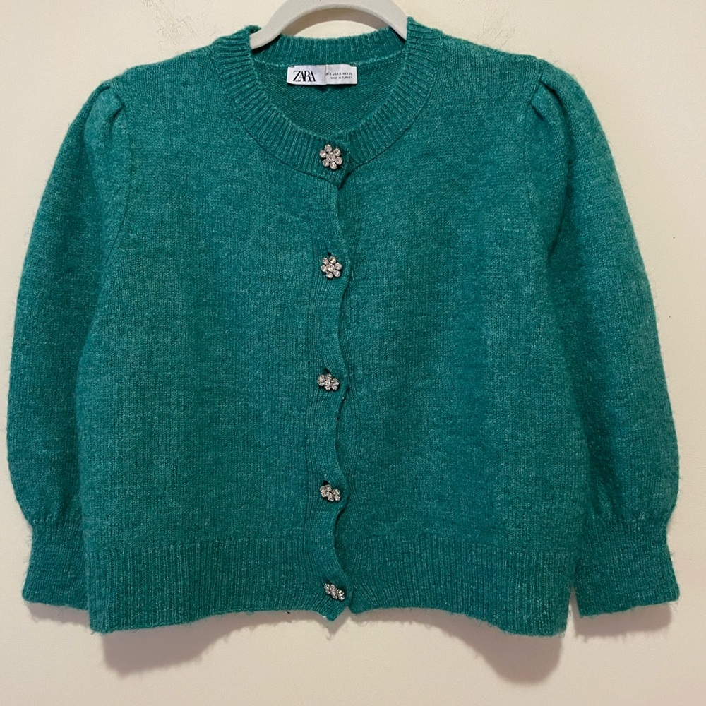 Zara Emerald Green Cardigan with Floral Rhinestone Buttons. Size S.